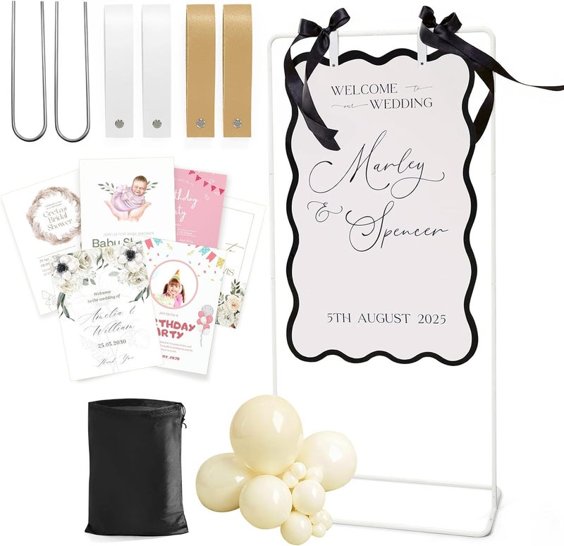Victawks Wedding Welcome Sign Stand, Welcome to our Wedding Sign Holder, White Easel Stand for Sign Poster With Design Bundle & Ground Stakes & Leather Sign Hanging Straps, Linen Sign Stand for Wedding Decor - Image 1